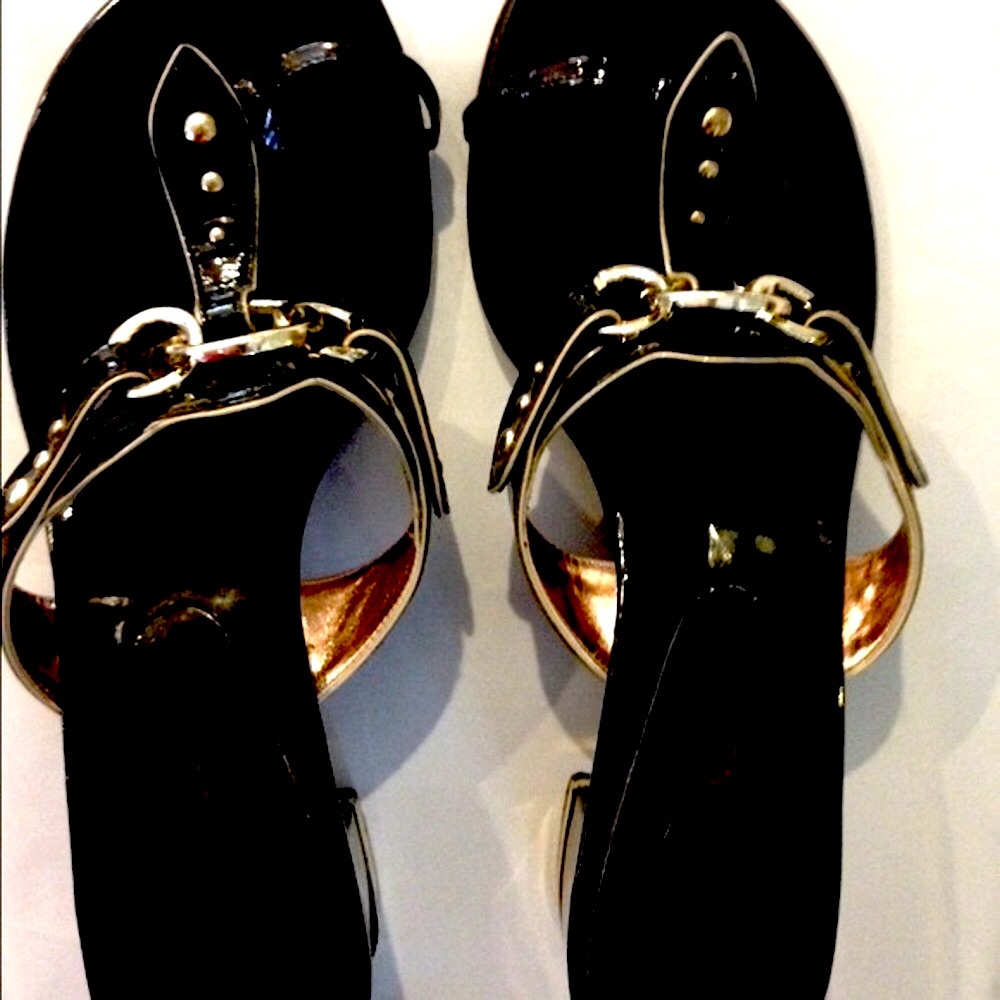 Arturo Chiang Black Sandals with Gold Hardware